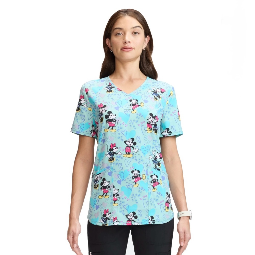 Disney Mickey and Minnie Print V-Neck Scrub Top